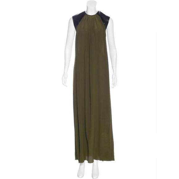 Alexis Dresses & Skirts - ALEXIS Olive Green Open Back Black Leather Inset Maxi Silk Dress Gown XSmall